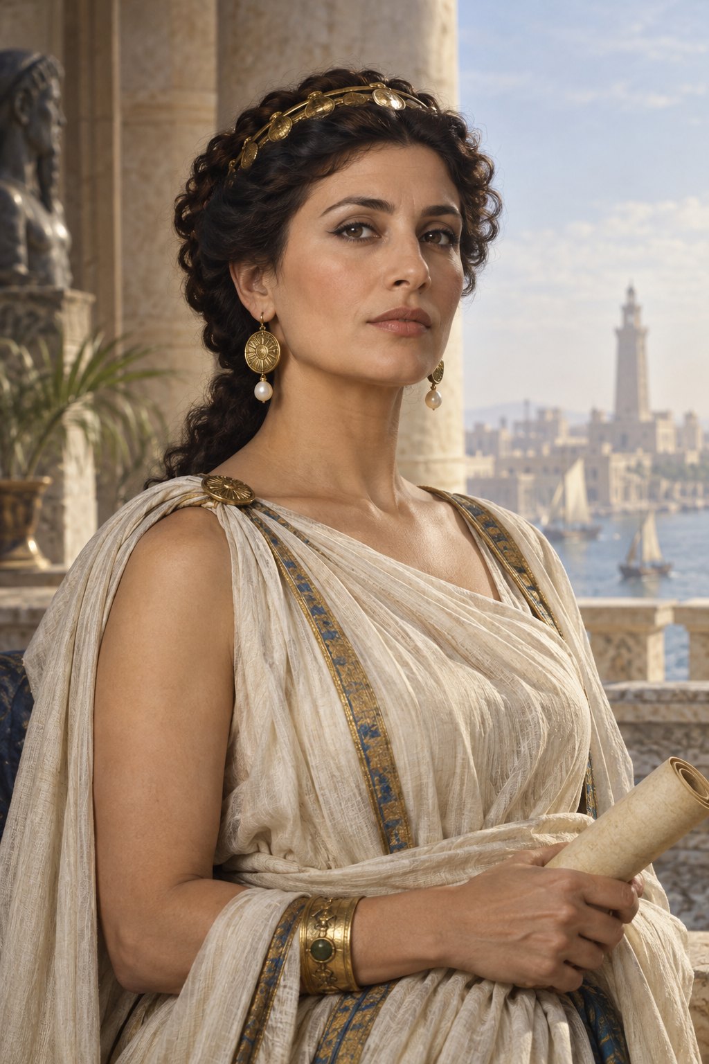 AI-generated artistic interpretation of Cleopatra VII in Ptolemaic royal dress