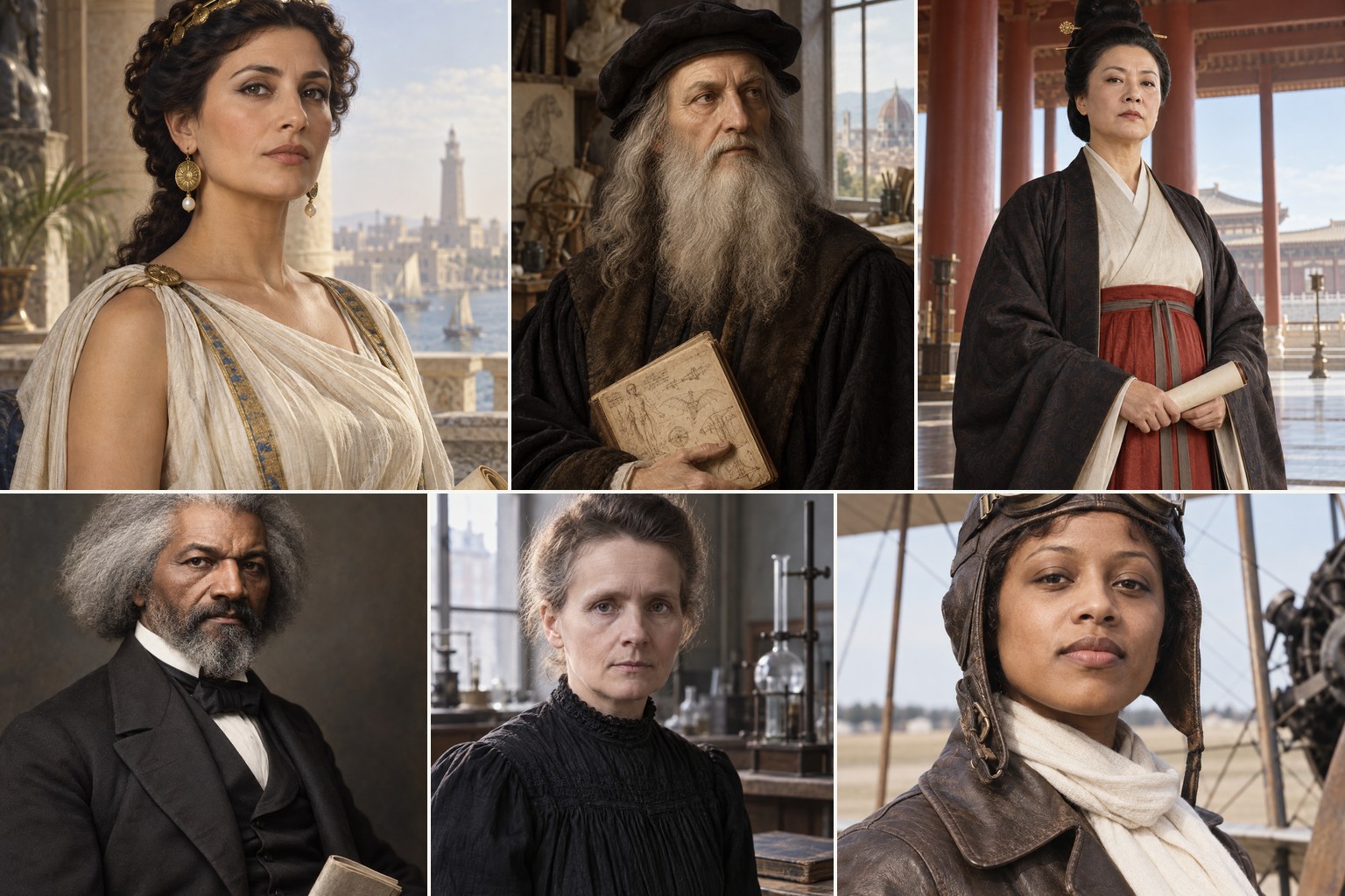 AI-generated editorial collage featuring Cleopatra, Leonardo da Vinci, Wu Zetian, Frederick Douglass, Marie Curie, and Bessie Coleman